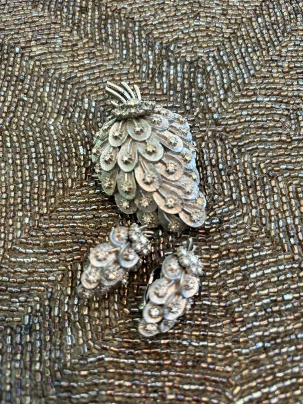 Vintage Crystal Pinecone Brooch and Clip-On Earrings - Silver Tone - Picture 4 of 9